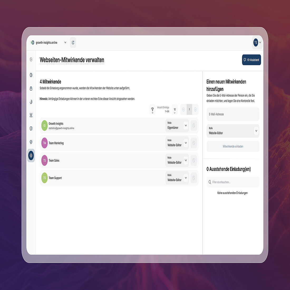 TWIPLAs Ansicht für Mitwirkende, wo Benutzer die Zugriffsrechte für die Webseite bearbeiten können