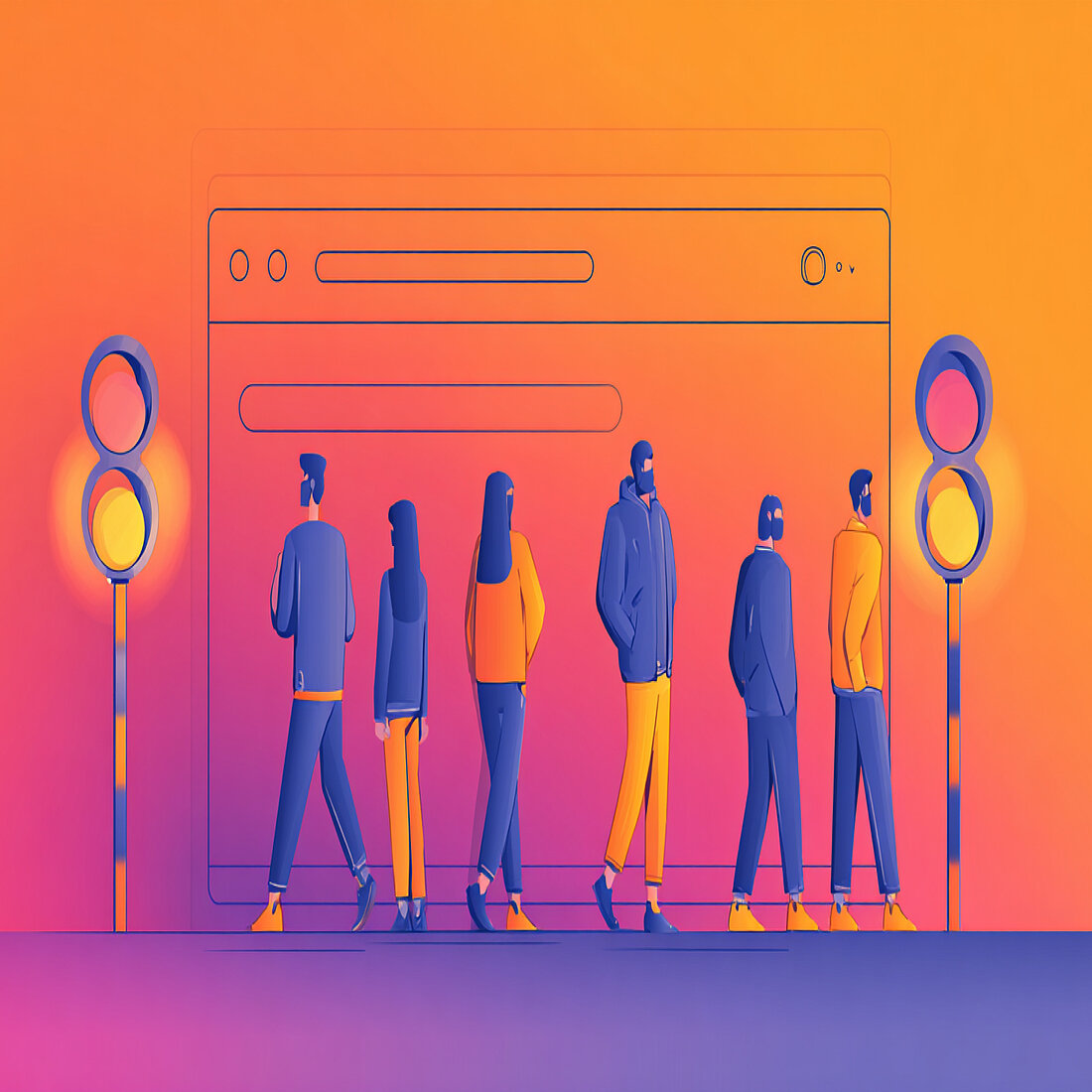 Illustration of people walking past a browser window and traffic lights, representing how Firefox privacy changes affect the wider web beyond the browser