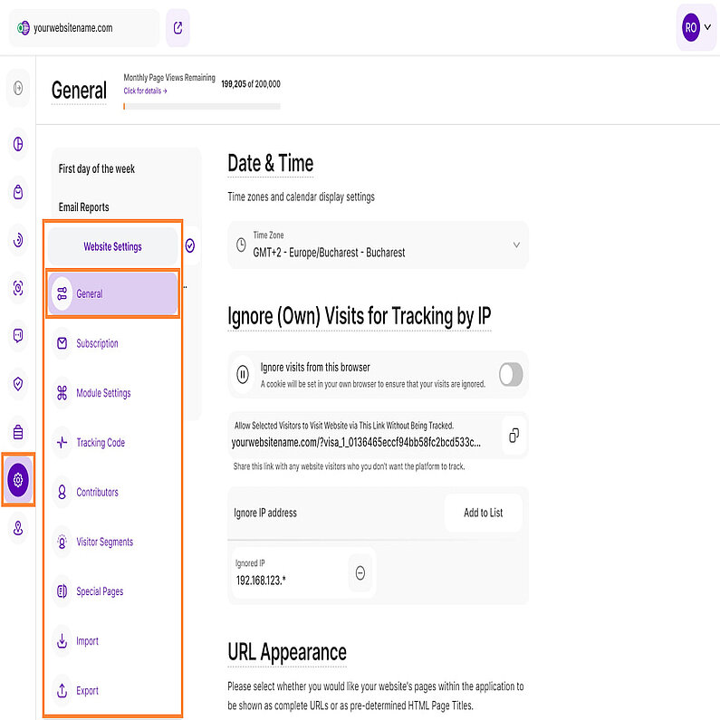 Prezentare generală a paginii Setări site web Prezentare generală a paginii Setări site web