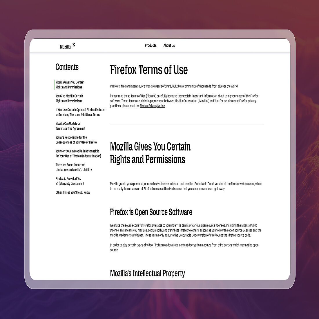 Illustration of Mozilla’s Firefox Terms of Use page displayed inside a browser window, set against a purple and red abstract background