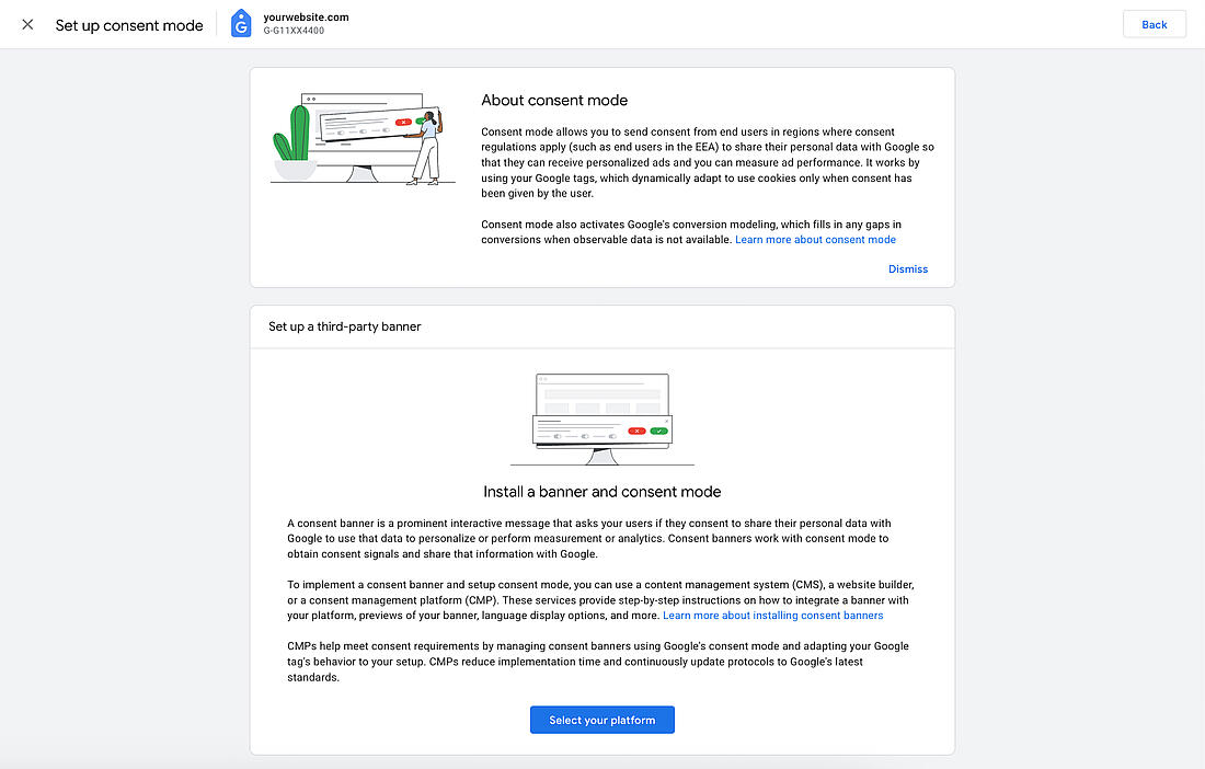 Google-Analytics-4-Oberfläche mit Optionen zur Einrichtung des Zustimmungsmodus und zur Installation eines Drittanbieter-Cookie-Banners