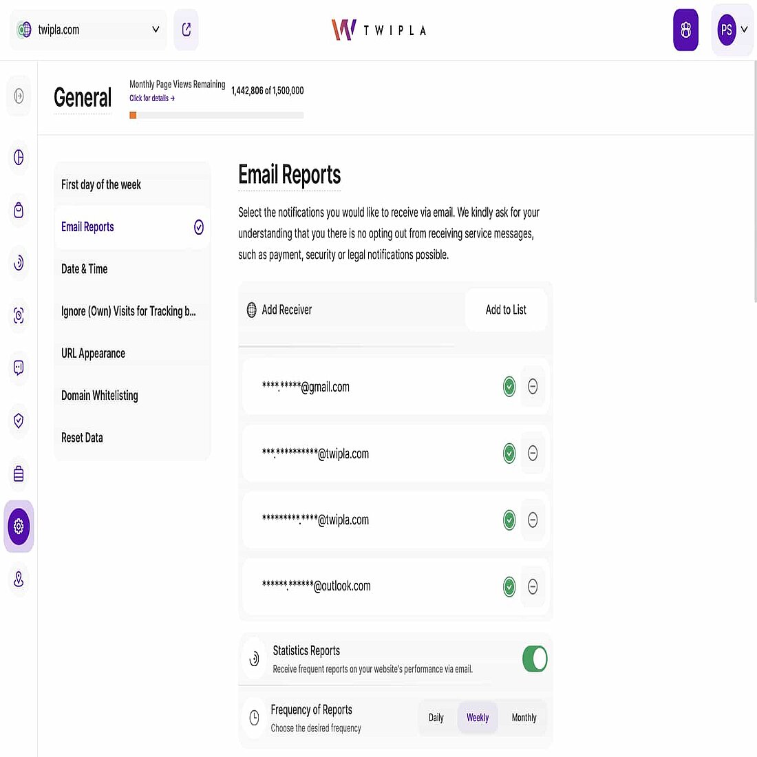 Screenshot of TWIPLA's Email Report Settings View