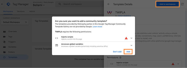 TWIPLA-Vorlage zum Arbeitsbereich hinzufügen