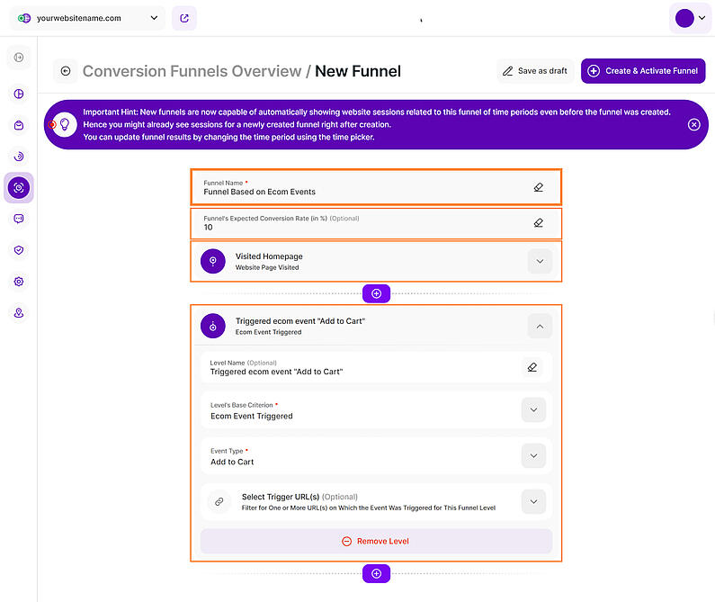 Conversion Funnel Level basierend auf Ecom Event Triggered