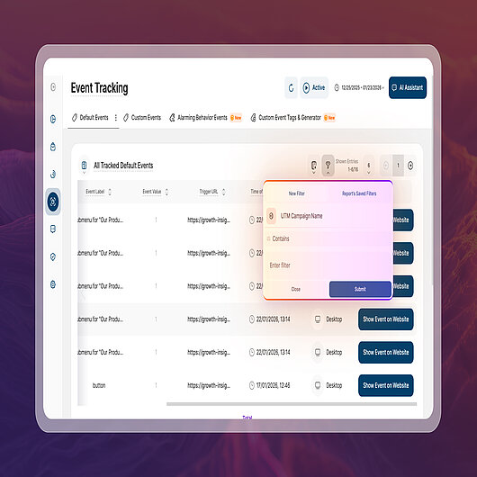 Screenshot of the Event Tracking default events submodule, showing new export options