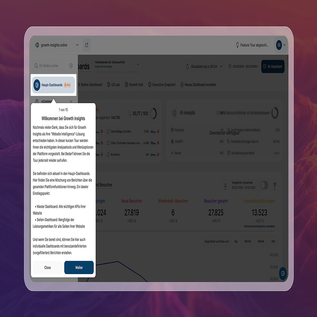 Feature Tour Overlay mit Einführung in wichtige Dashboards, Berichte und Navigation