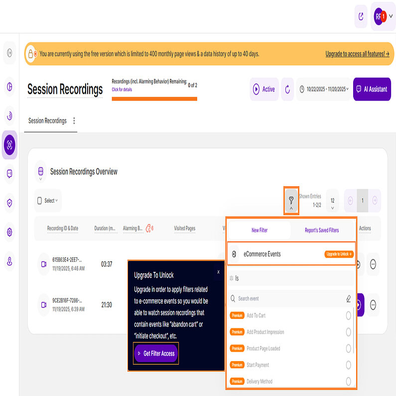 Nutzen Sie unsere eCommerce Event-Filter