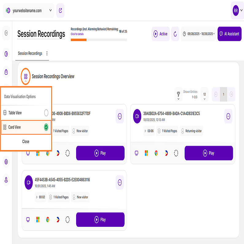 Vizualizarea pe card a înregistrărilor sesiunii