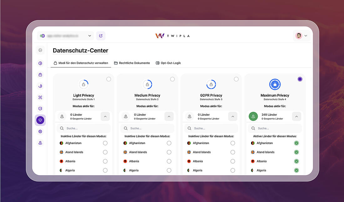 TWIPLA-Datenschutzcenter-Oberfläche mit vier auswählbaren Datenschutzstufen von Light bis Maximum Privacy Mode.