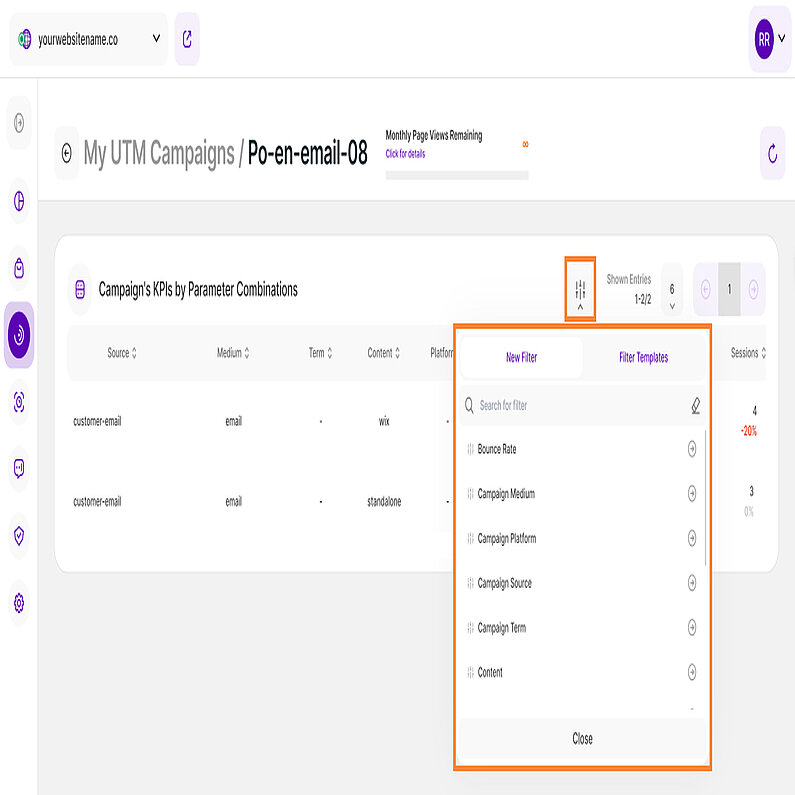 Filter für die UTM-Kampagnen-Detailansicht Filter für die UTM-Kampagnen-Detailansicht