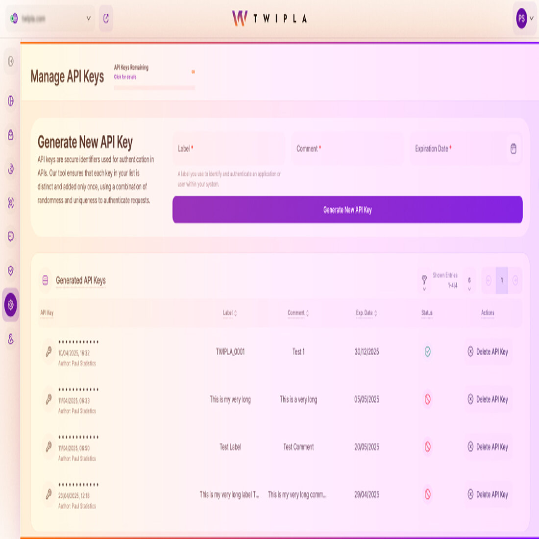 Secure access credentials tailored to each site, with no shared logins and no compromises TWIPLA interface for generating and managing API keys