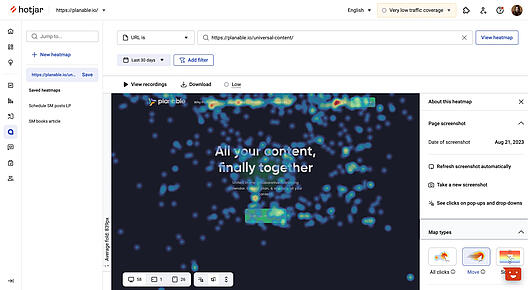 Screenshot des Hotjar-Tools Heatmap, das die Klickaktivität auf einer Webseite anzeigt