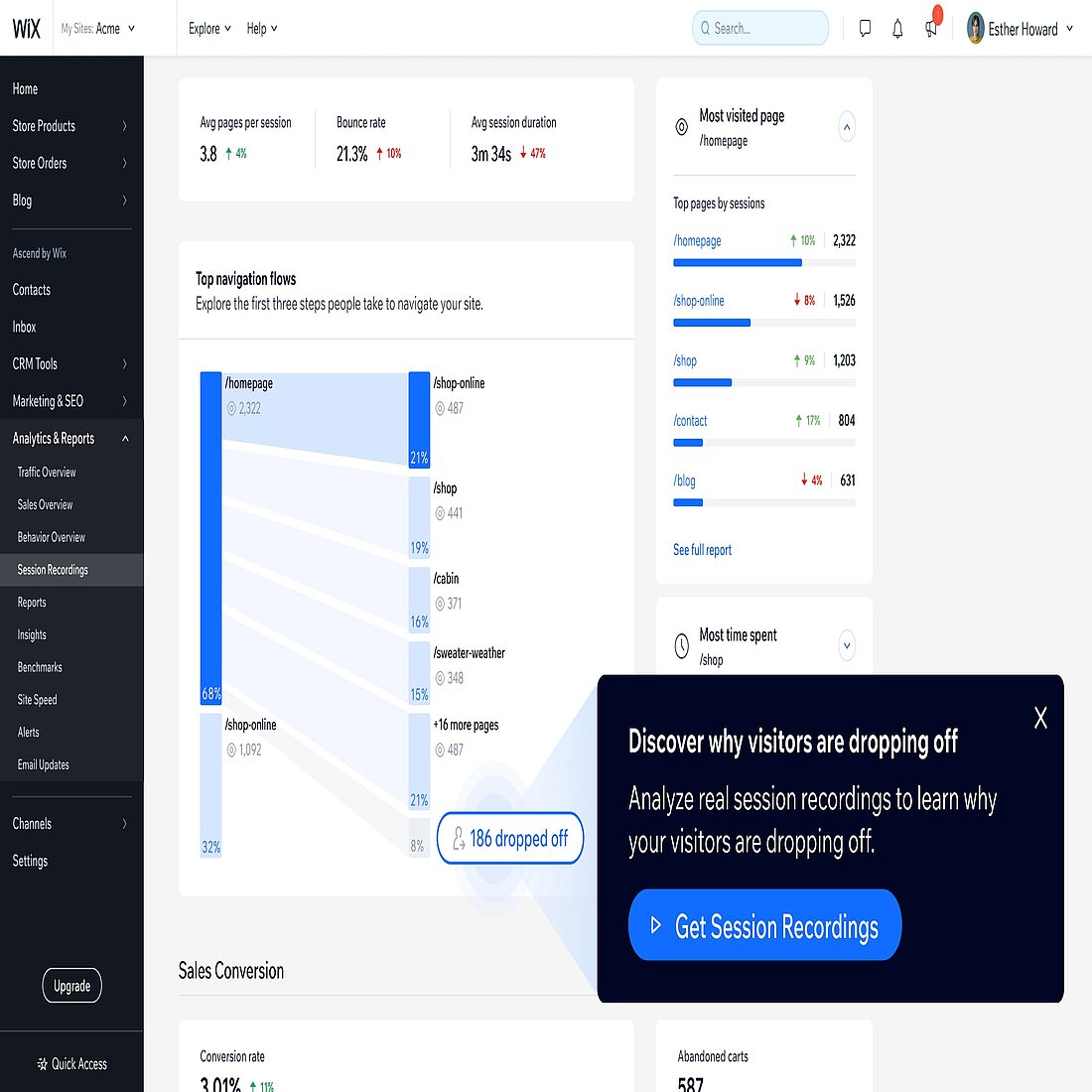 Diese Funktion hilft Wix- und Wix-Studio-Benutzern, wichtige Probleme in der Customer Journey schnell zu erkennen und zu beheben, um die Konversionsrate und das Benutzererlebnis zu verbessern. Wix Studios Sitzungsaufzeichnung Zugangspunkte