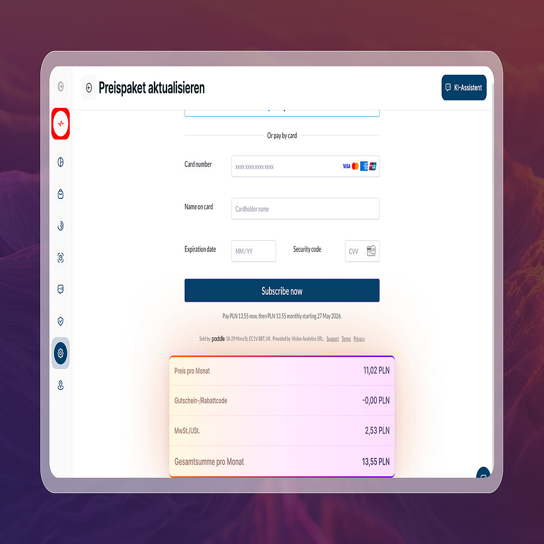 TWIPLA-Kasse mit Anzeige der Upgrade-Preise und vollständiger Kostenaufschlüsselung in der Landeswährung des Besuchers