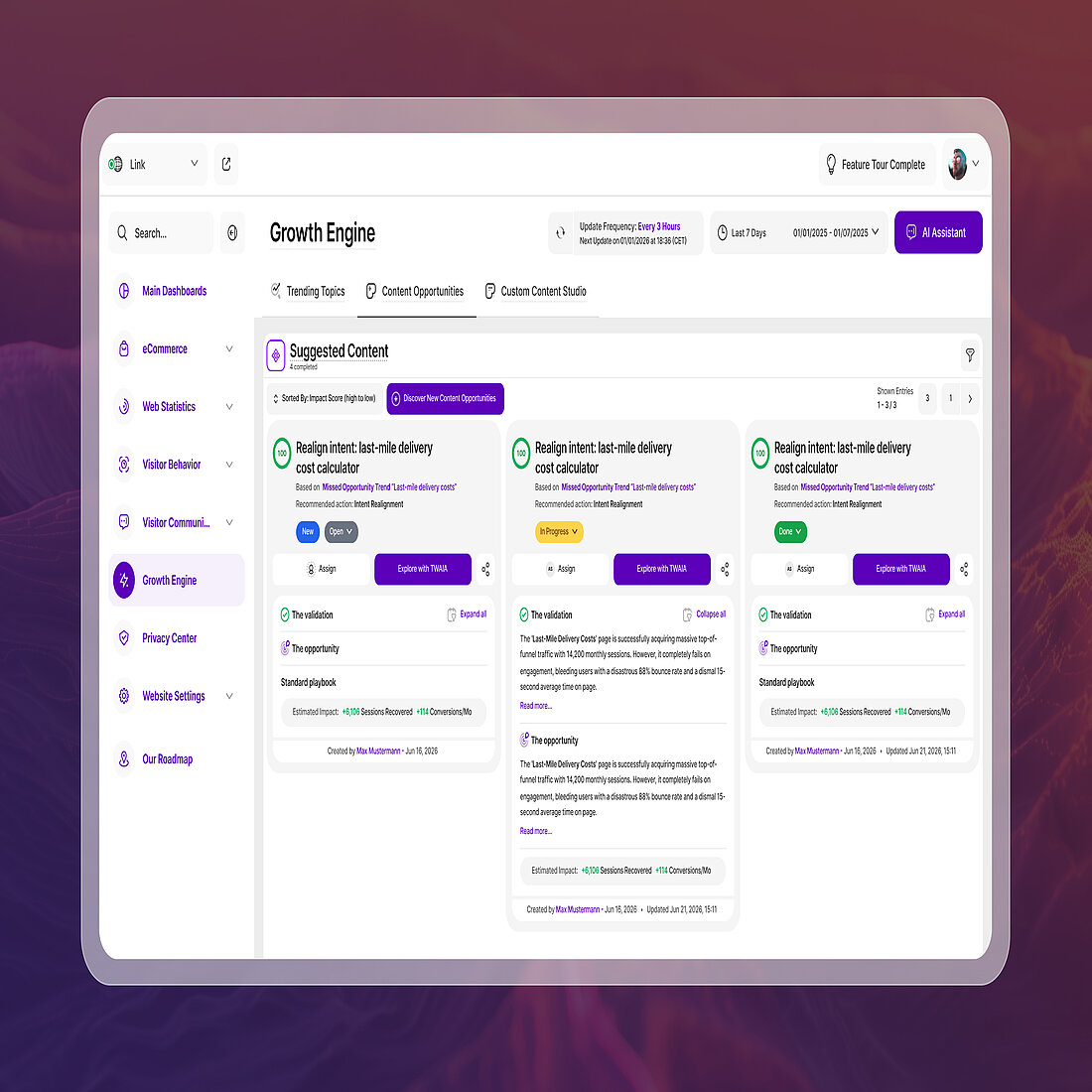TWIPLA Growth Engine Content Opportunities TWIPLA Growth Engine showing Content Opportunities cards, each with a validation, an opportunity, a standard playbook and an estimated impact in recovered sessions and conversions