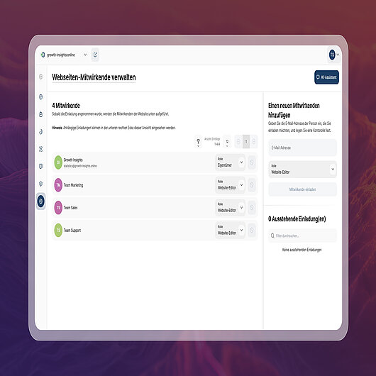 Die Verwaltungsoberfläche für mitwirkende Personen auf der Webseite zeigt mehrere Benutzer mit definierten Rollen und Berechtigungen und veranschaulicht, wie der Zugriff auf Analysedaten durch rollenbasierte Zugriffskontrollen auf autorisierte Personen beschränkt wird
