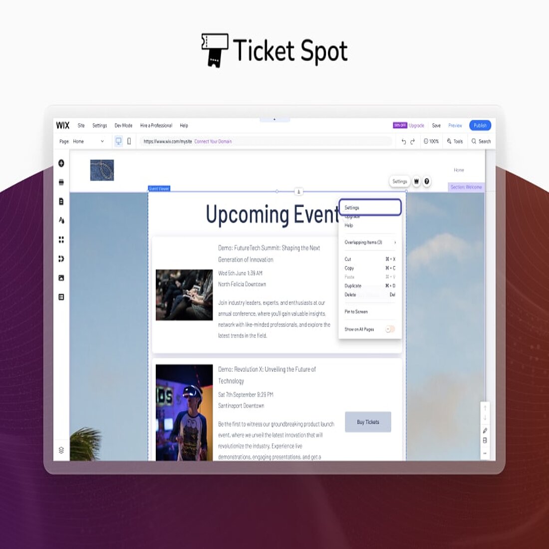 Integrating Ticket Spot with Wix empowers you to manage and showcase events directly on your Wix website effortlessly Screenshot Wix plugins Ticket Spot interface