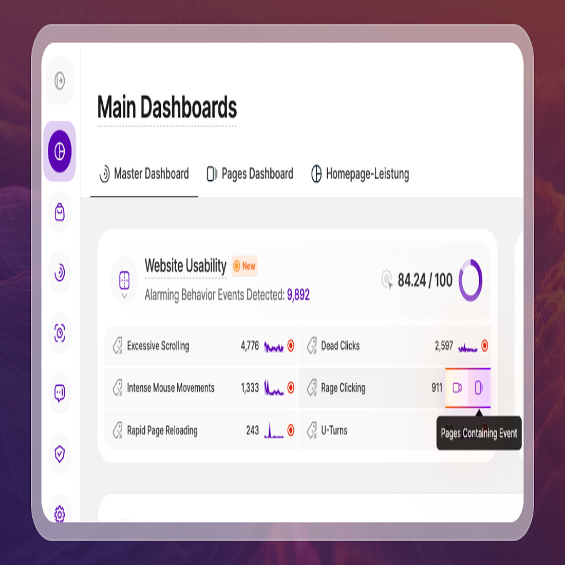 Instant access to session recordings and event tracking for any Alarming Behavior Event.