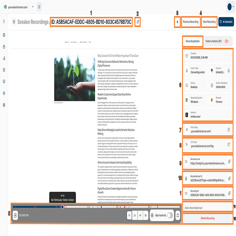 Aufzeichnungsdetails Ansicht eines Session Recordings