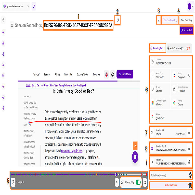 Înregistrarea detaliilor unei înregistrări de sesiune