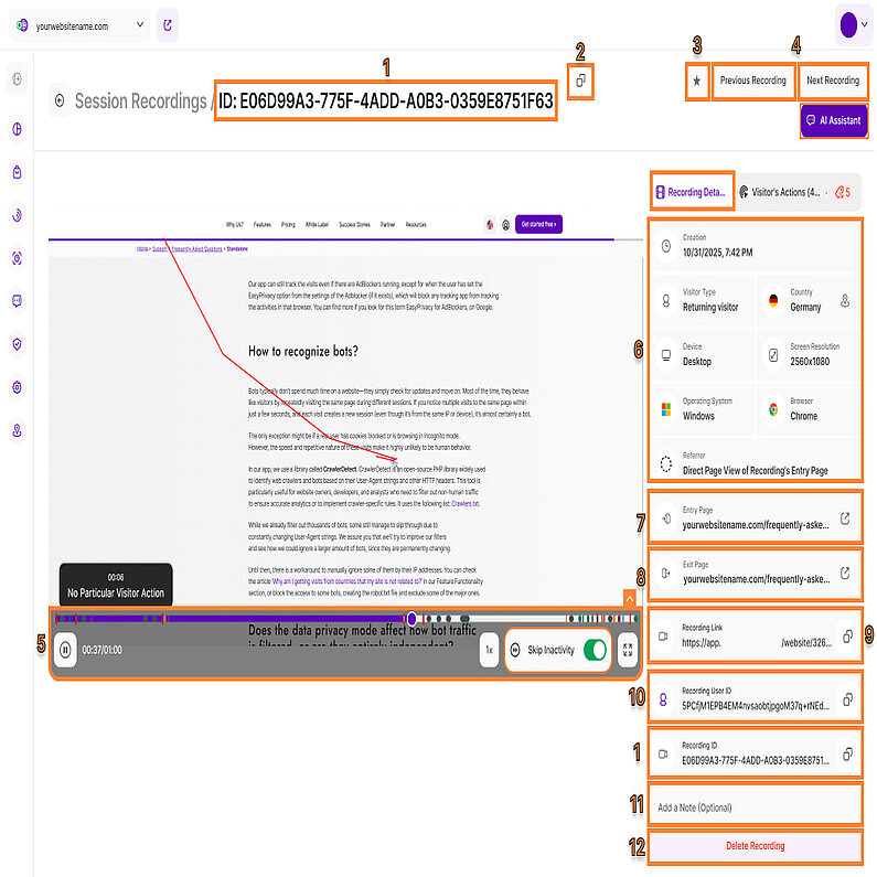 Aufzeichnungsdetails Ansicht eines Session Recordings