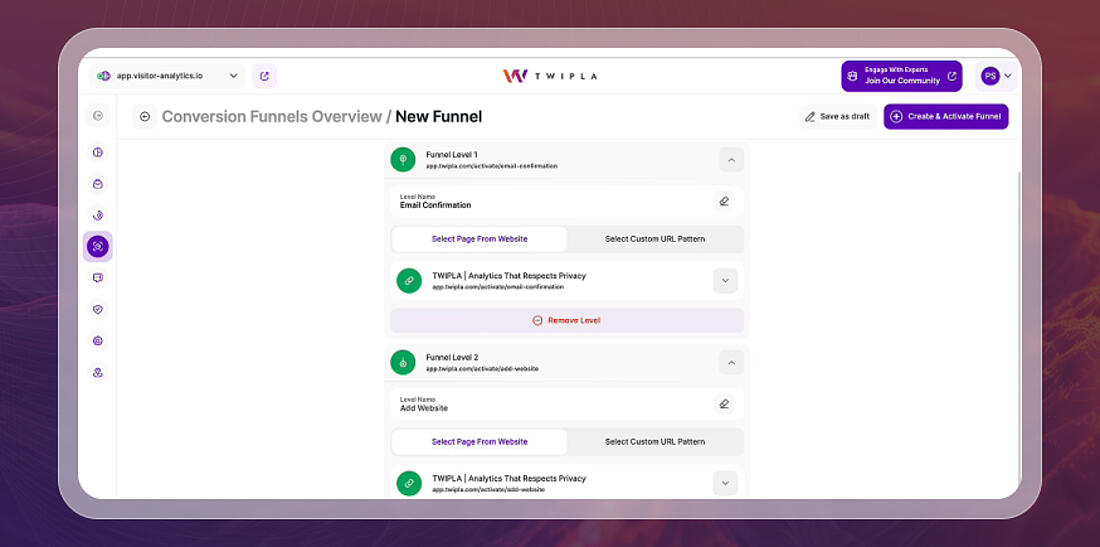 A screenshot of TWIPLA's funnel creation interface