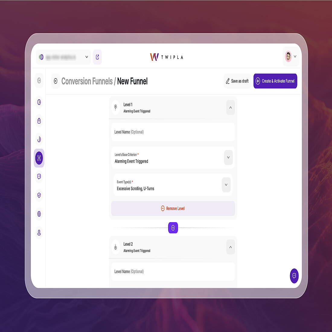 TWIPLA users can build a funnel with up to eight page levels A screenshot of TWIPLA's funnel creation interface