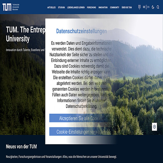 TUM entfernt Cookie-Banner nach dem Wechsel zu TWIPLA Ausblendender Cookie-Banner auf der Website der Technischen Universität München als Symbol für dessen Entfernung nach dem Wechsel zu TWIPLA.