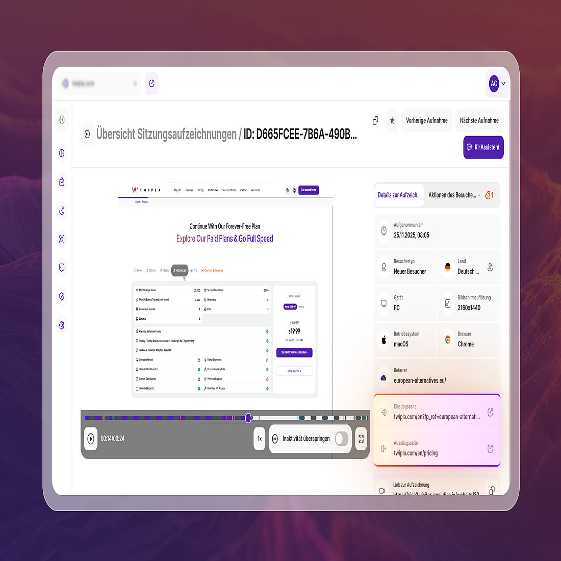 Wiedergabebildschirm für Session Recordings mit den Details der Eingangs- und Ausgangsseite, die in der Seitenleiste der Aufzeichnung angezeigt werden