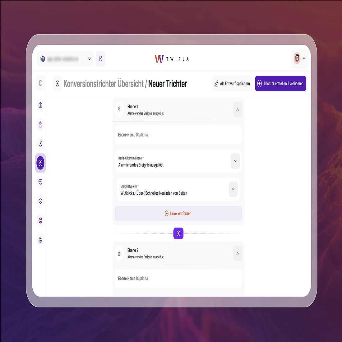 Flexible Trichter aus beliebigen getrackten Events in TWIPLA erstellen TWIPLA-Trichtererstellung mit anpassbaren Trichterstufen basierend auf verschiedenen Ereignistypen.