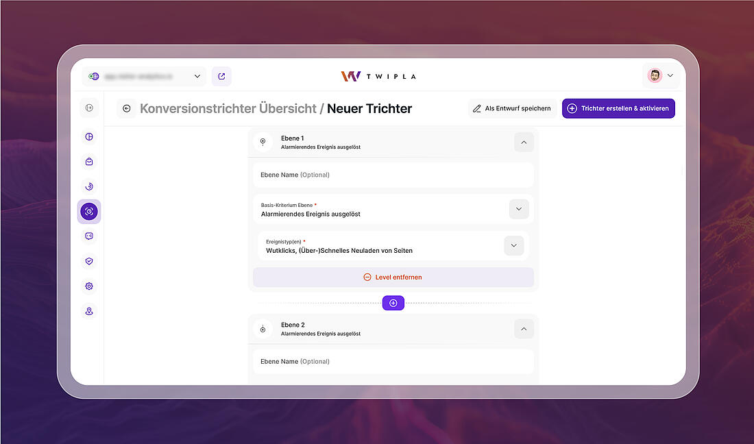 TWIPLA-Trichtererstellung mit anpassbaren Trichterstufen basierend auf verschiedenen Ereignistypen.