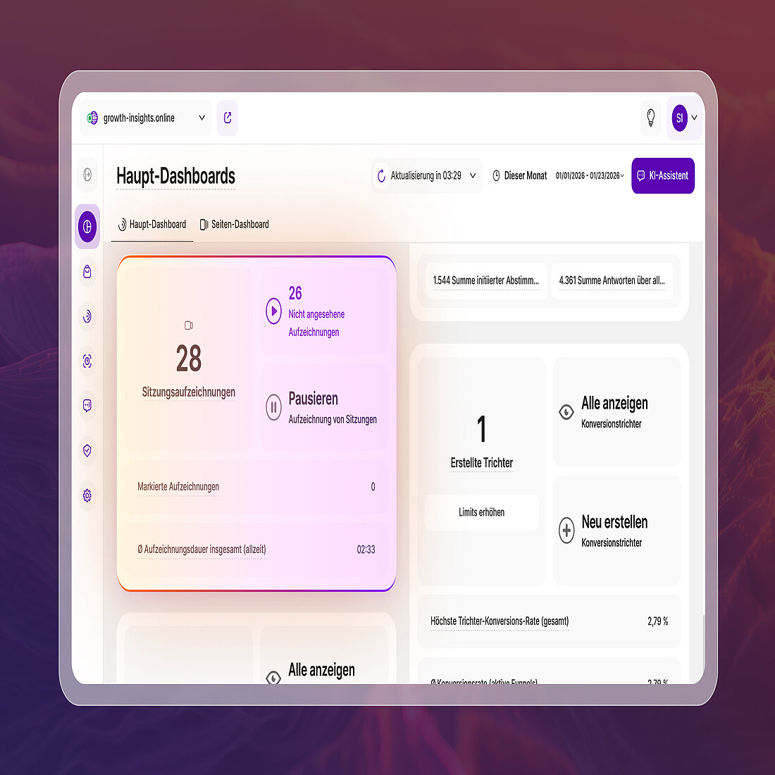 Konsistente Zusammenfassungen des Besucherverhaltens im gesamten Master Dashboard Die Master-Dashboard-Ansicht zeigt den Übersichtsblock Session Recordings und den Übersichtsblock Konversionstrichter mit aktualisiertem Design und Zeitbereichsausrichtung