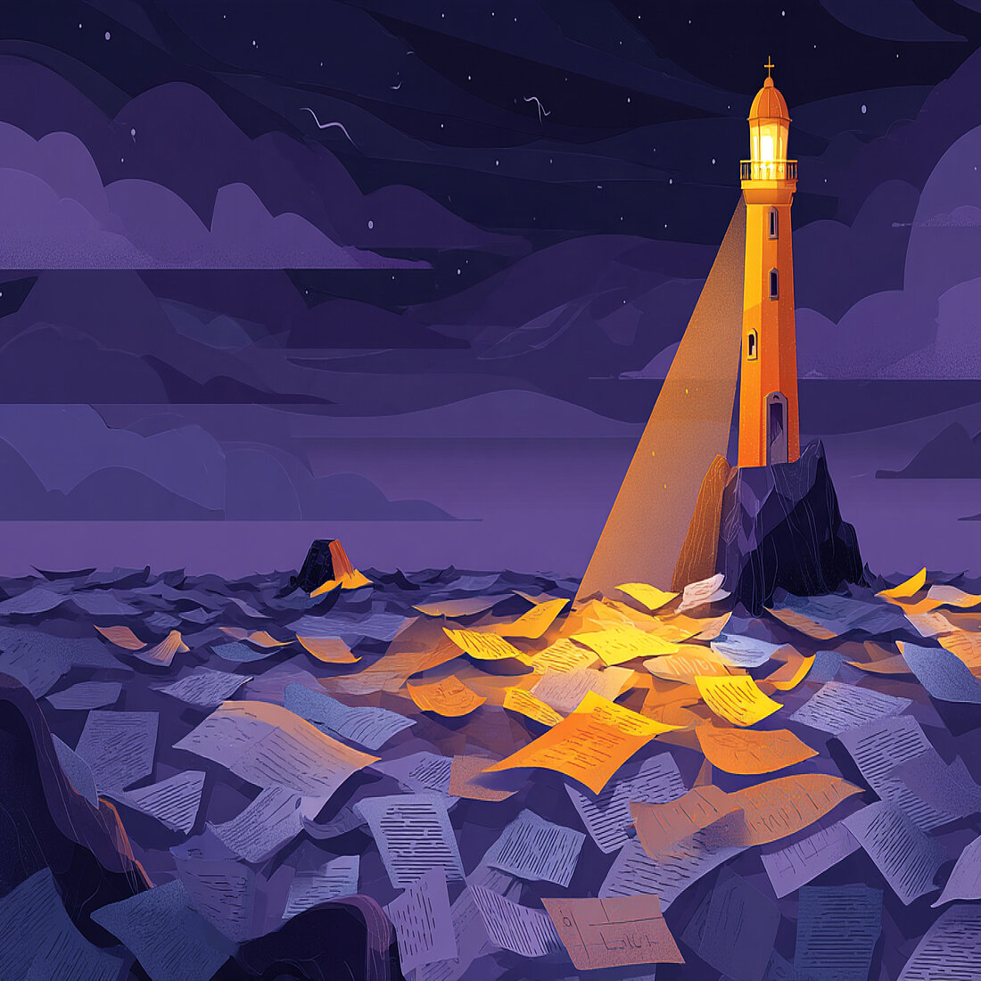 Platform News October 2026: Growth Engine Illustrated lighthouse beam lighting up a few pages on a dark sea of scattered paper, representing Growth Engine and the October 2026 platform updates