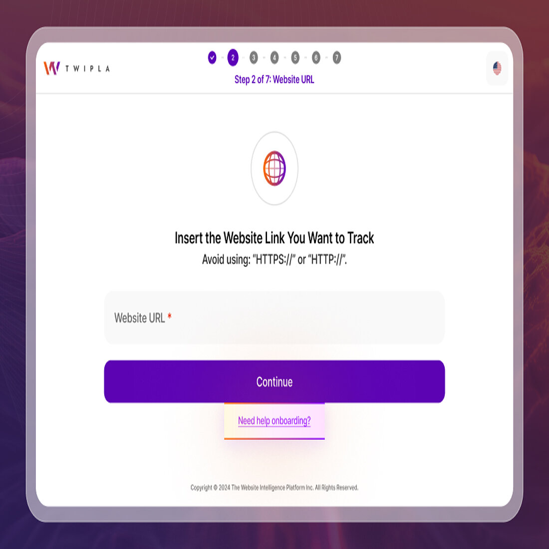 This new support button fits seamlessly into page design and will decrease the abandonment rate A screenshot of TWIPLA's updated onboarding process