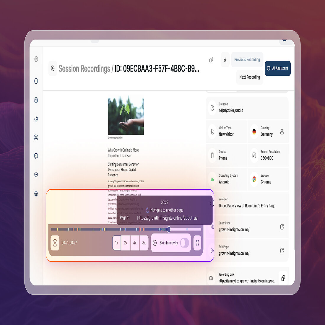 Session Recordings view showing the new split timeline layout and page URL hover tooltip