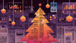 Illustration of a Christmas tree formed from data charts and analytics dashboards, with hanging ornaments and visual reports in the background