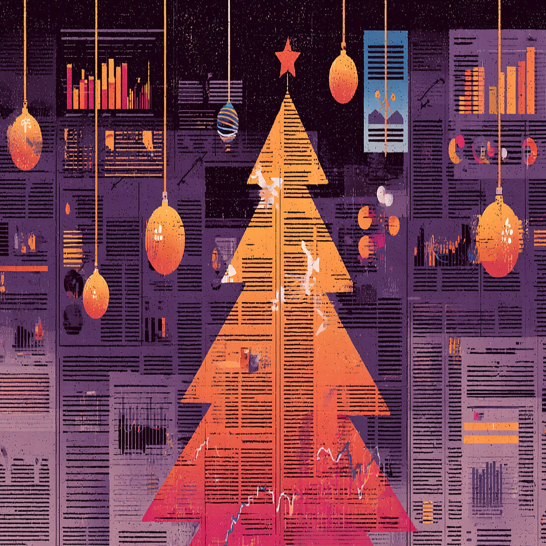 Illustration of a Christmas tree formed from data charts and analytics dashboards, with hanging ornaments and visual reports in the background