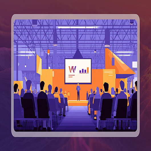 TWIPLA at DMEXCO 2026 Illustration of a conference talk at a trade show stand, an audience watching a speaker beside a screen showing the TWIPLA logo and a bar chart