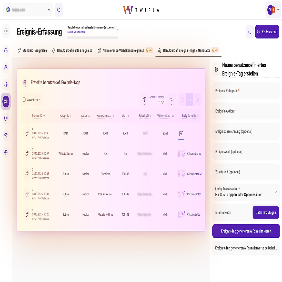 Benutzerdefinierte Ereignistabelle im Event-Tracking-Submodul TWIPLAs Event-Tracking-Submodul, das die benutzerdefinierte Ereignistabelle zeigt, die mit Ereignistags gefüllt ist, einschließlich Spalten für Kategorie, Aktion, Bezeichnung, Wert und Bindungsaktion