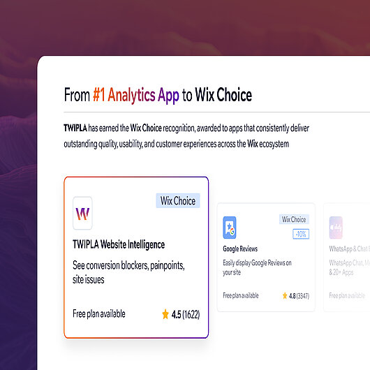 TWIPLA receiving the Wix Choice badge in the Wix App Market, recognizing excellence in user experience, interface design, quality, and customer satisfaction