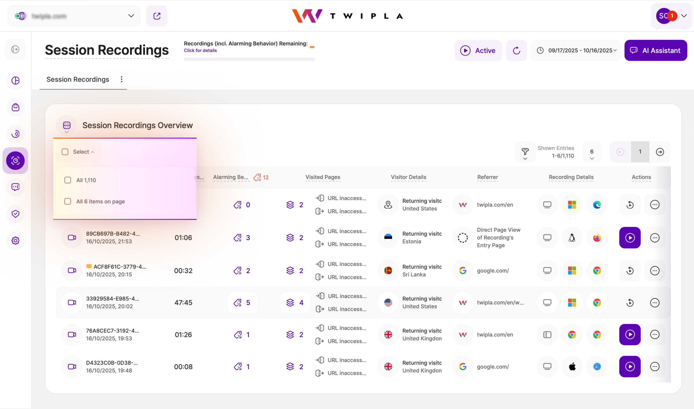 Bulk Recording Selection in TWIPLA Session Recordings TWIPLA’s Session Recordings dashboard with the bulk-selection menu open, showing options to select all items on the page, all time, or individual recordings