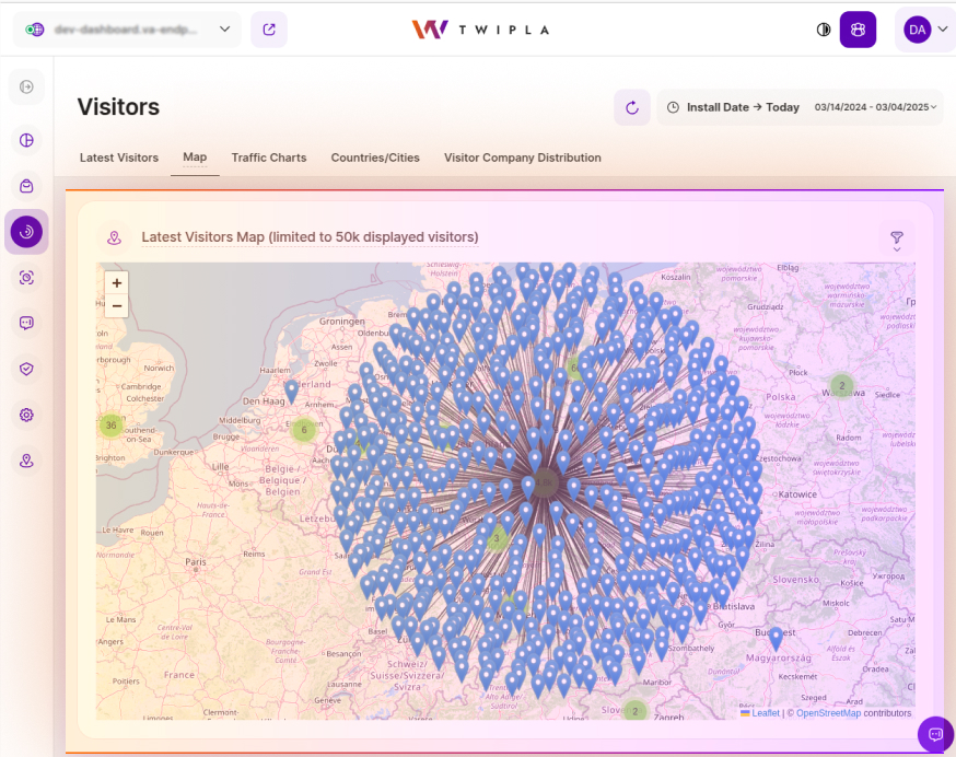 Location pins are back on the Visitors map - now with smarter privacy logic and tooltips that explain how location data is collected. TWIPLA's Visitors' map pins view