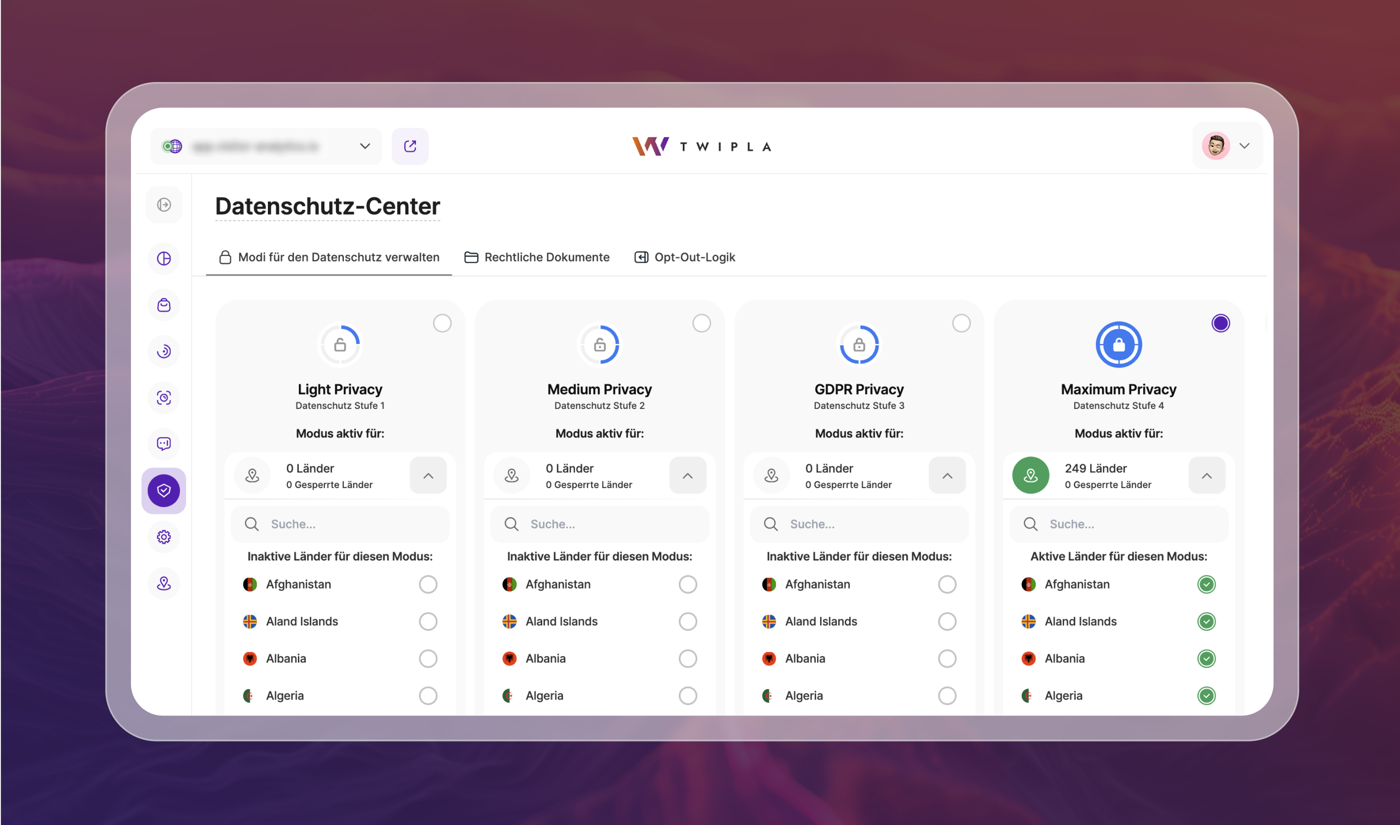 TWIPLA Privacy Center ermöglicht die weltweite oder länderspezifische Einhaltung von Datenschutzvorgaben TWIPLA Privacy Center-Oberfläche mit vier wählbaren Datenschutzstufen von Leicht bis Maximale Privatsphäre