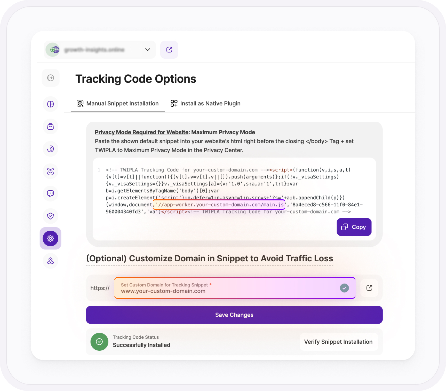 TWIPLA's dashboard showing tracking code options, a first party snippet, a custom domain field for the tracking snippet, and a confirmation that the tracking code is successfully installed