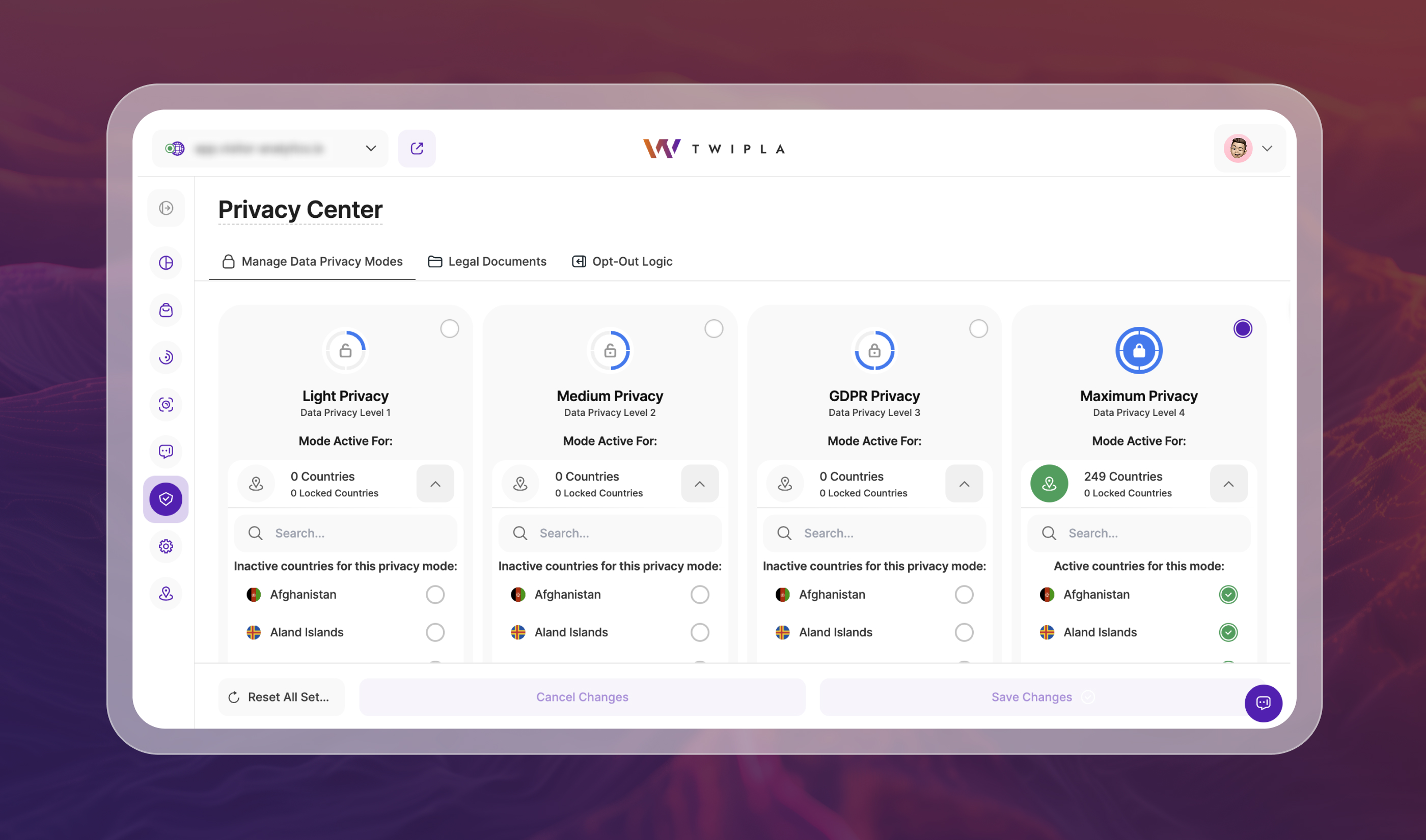 TWIPLA Privacy Center interface showing four selectable data privacy levels from Light to Maximum Privacy Mode.