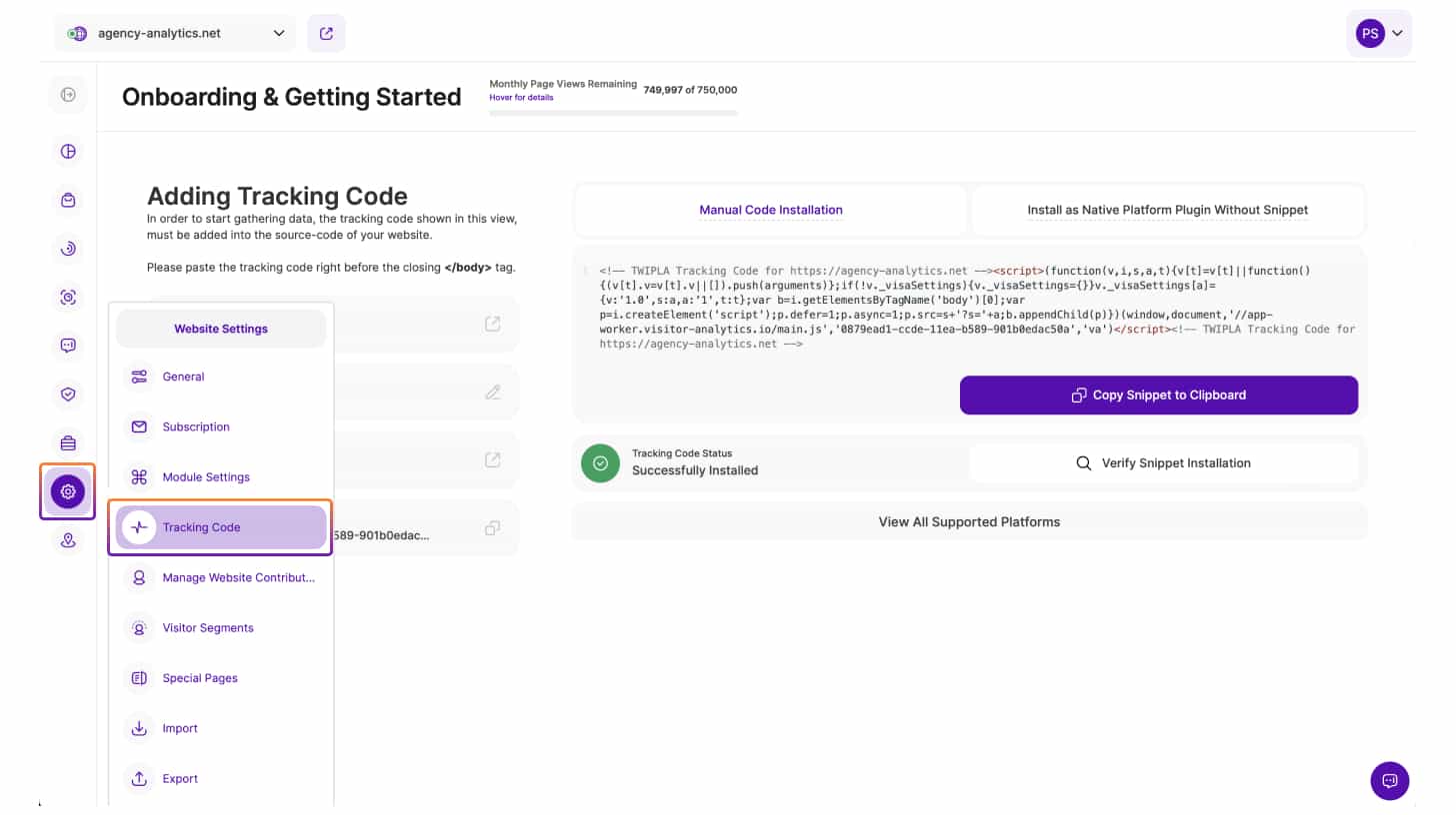 Website Settings Tracking Code